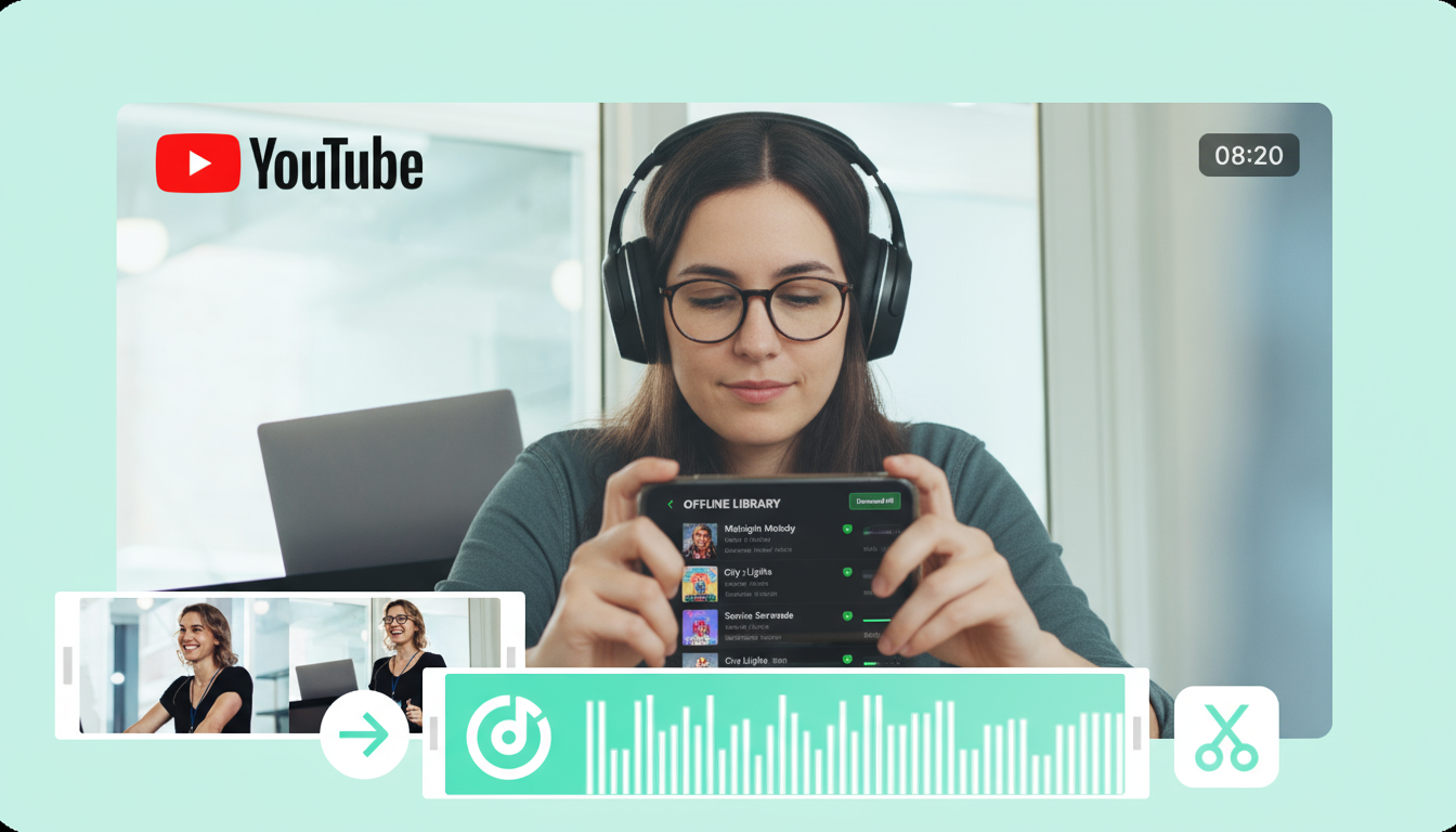 Una persona che indossa le cuffie e guarda uno smartphone con una playlist musicale sullo schermo, creando una libreria musicale offline.