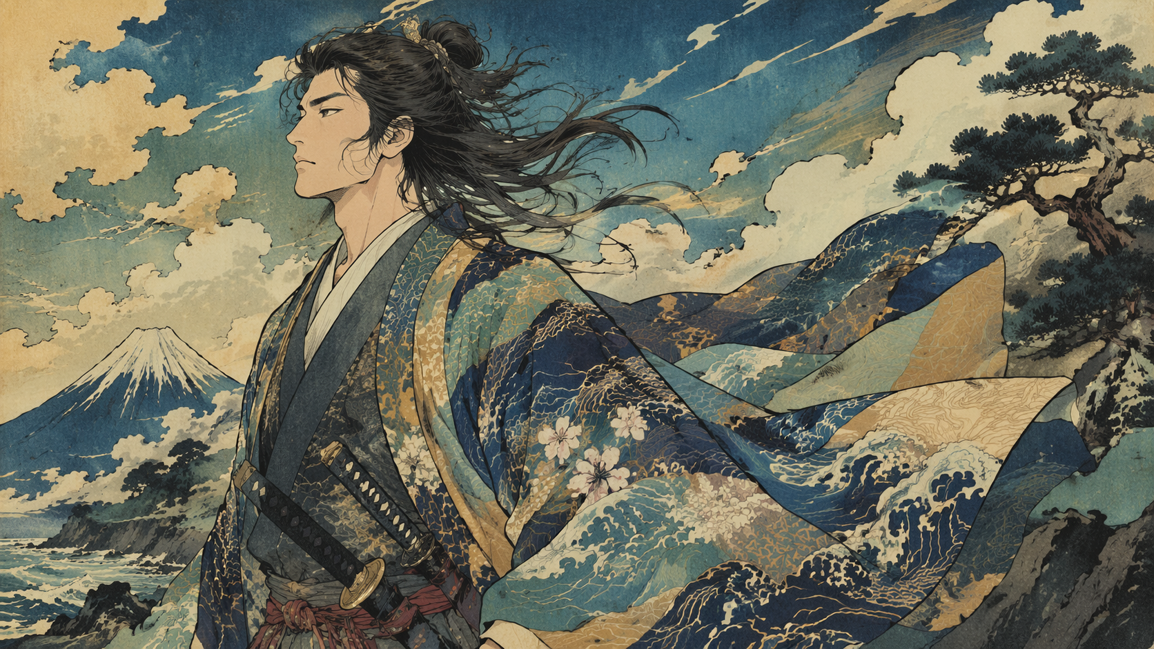 Dreamina AI Ukiyo E filter prompt example 2: Paper Texture Mountain Scene