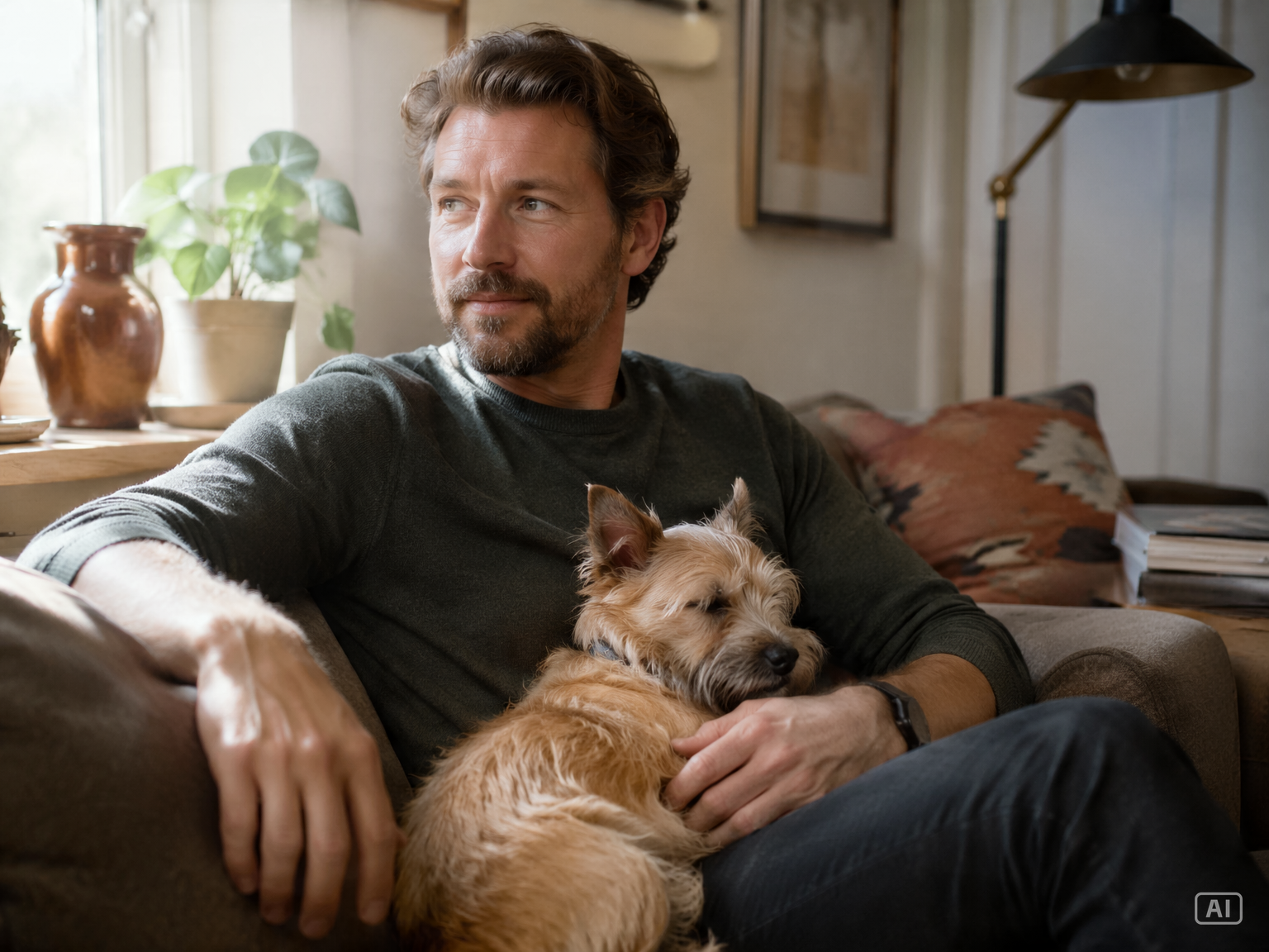 Cozy couch cuddle with dog generated by Pippit