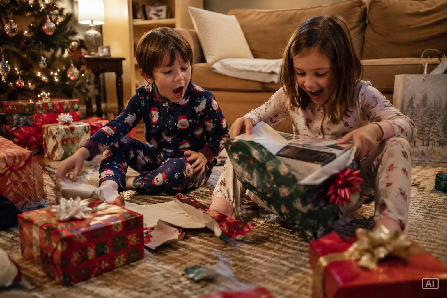 Kids opening Christmas presents image generated by Pippit