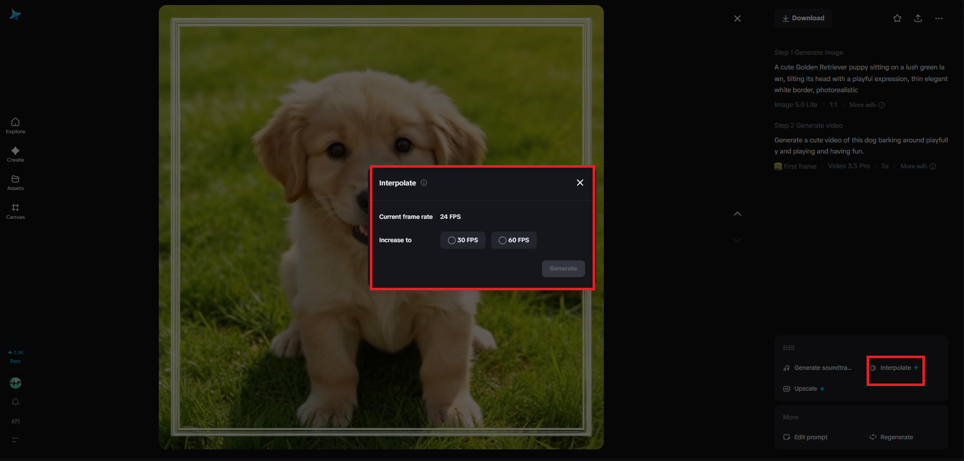 Interpolation feature in Dreamina