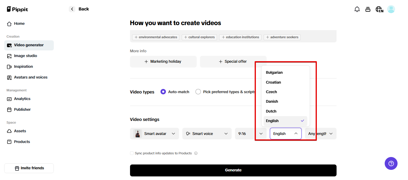 Génération de vidéos multilingues dans Pippit