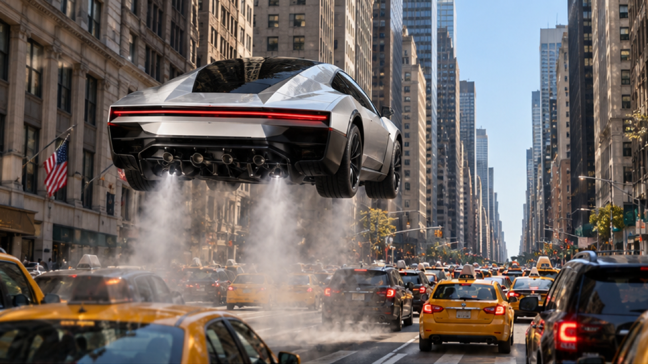 A silver-white angular Roadster hovering over a Manhattan-style traffic jam among grounded yellow taxis, rear three-quarter view with a black canopy, attached wheels and white vapor beneath the car