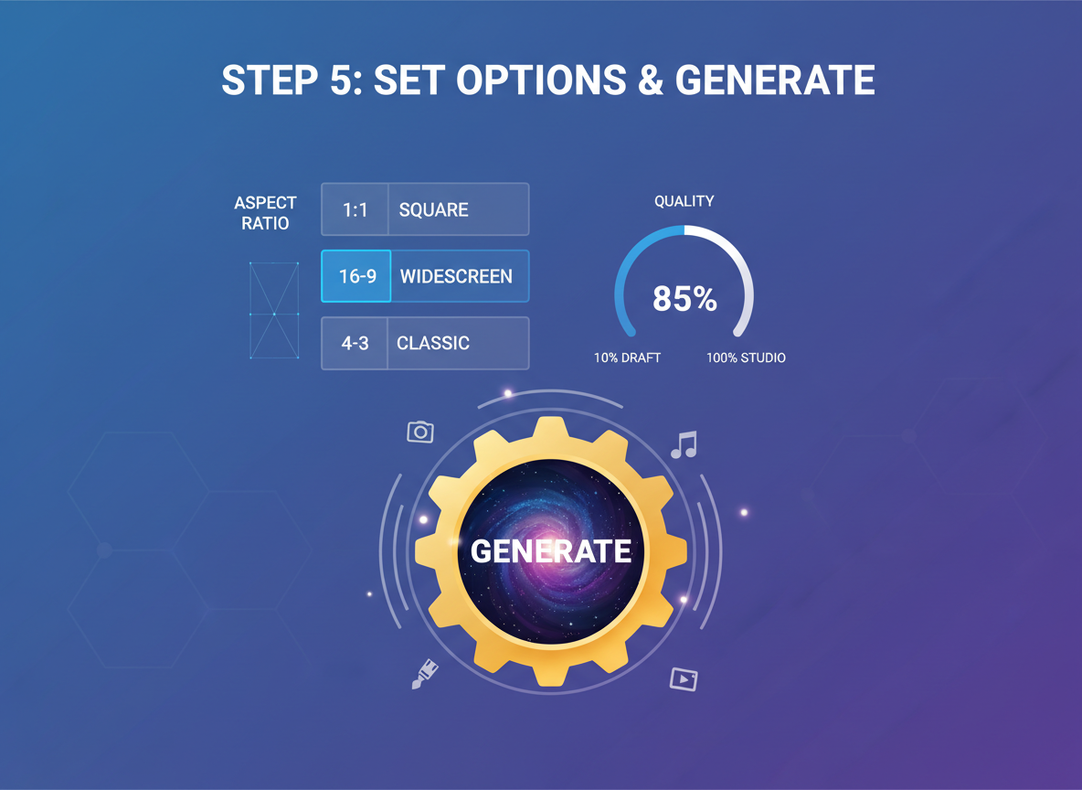 Panel: credits, watermark, and licensing icons—badge, shield, and document in a consistent minimal style.