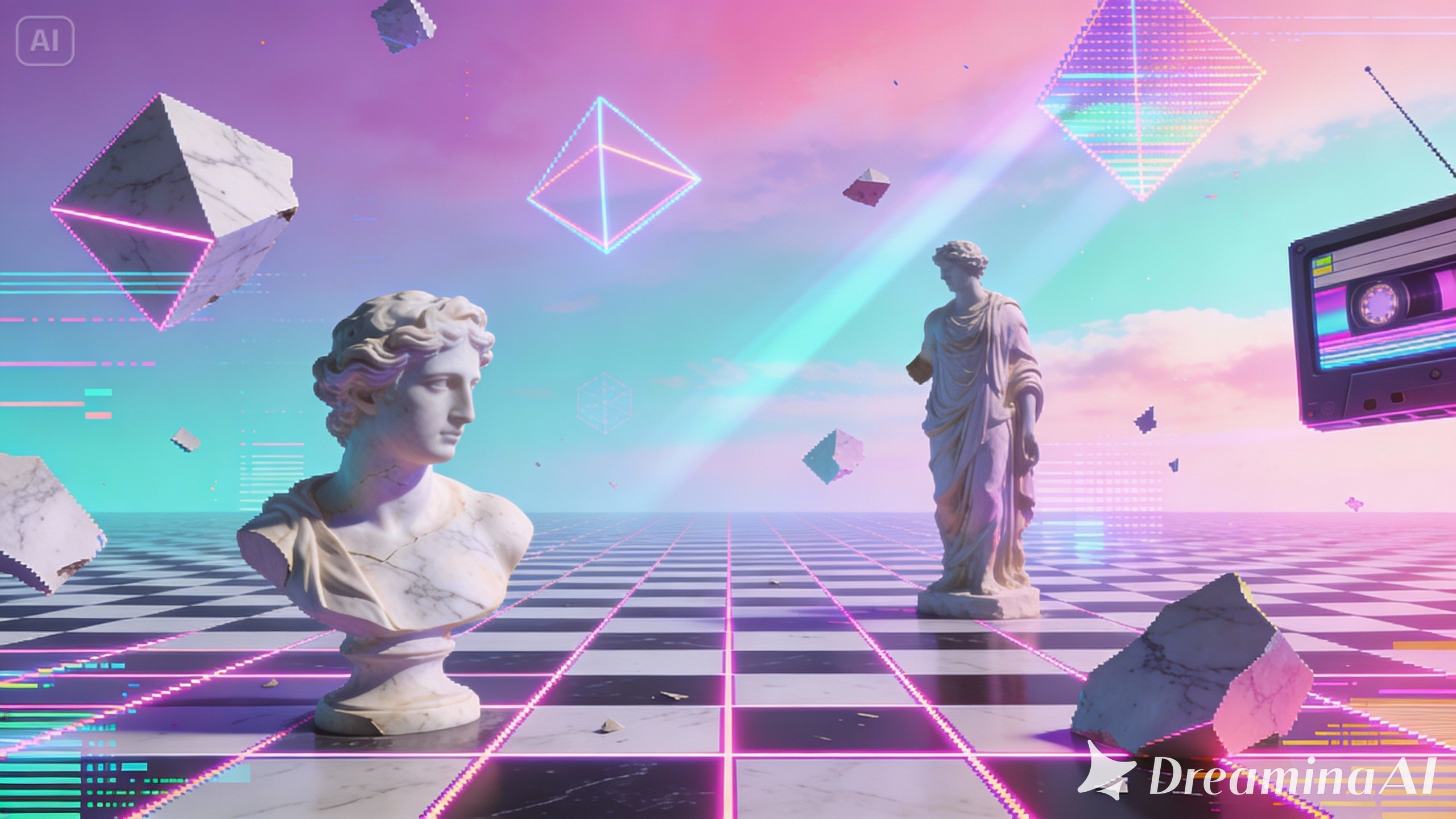 Surreal vaporwave world with floating objects