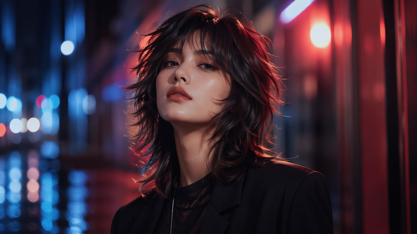 Dreamina wolf cut filter prompt example 3: Neon Street Wolf Cut