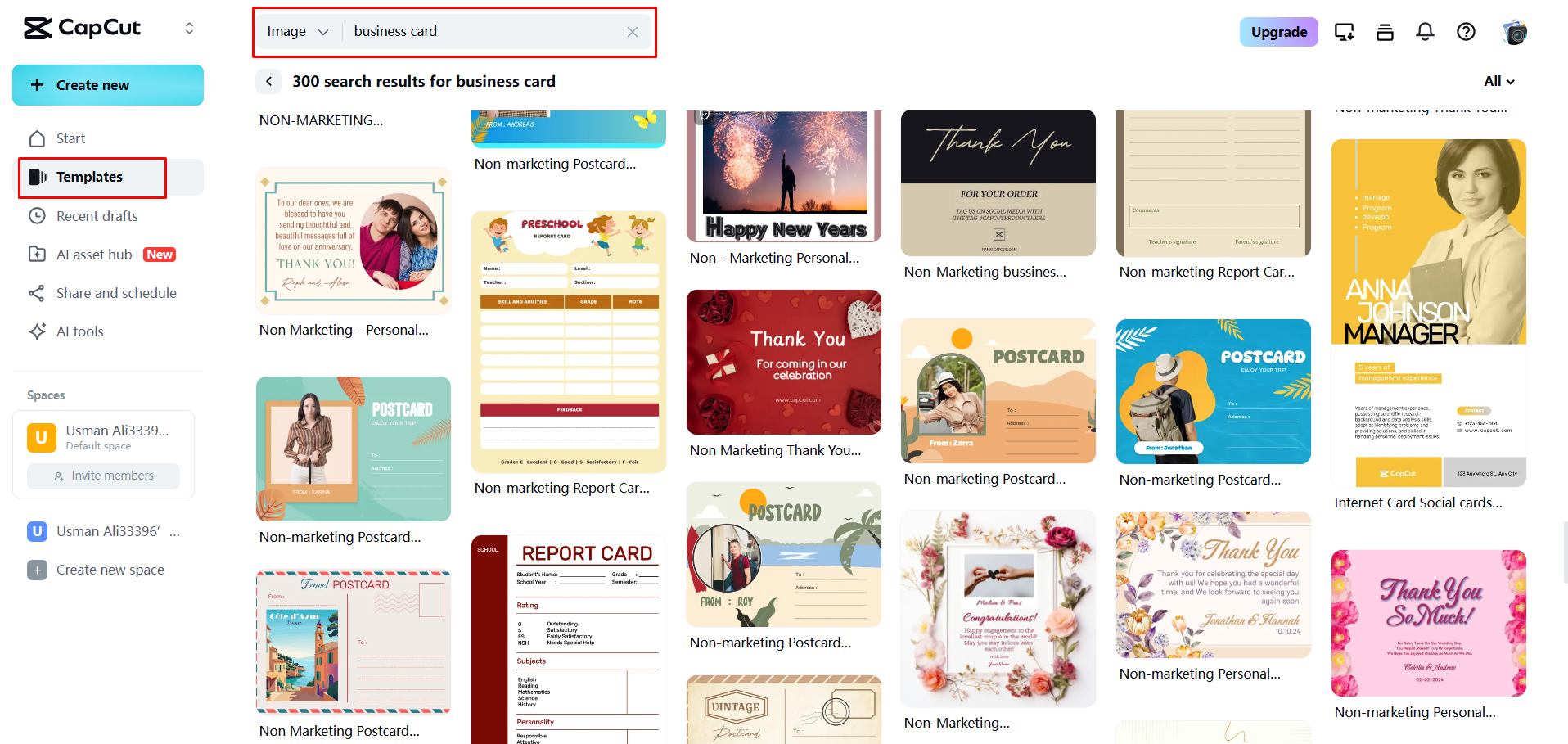 Memilih templat kad perniagaan yang menarik di CapCut Web