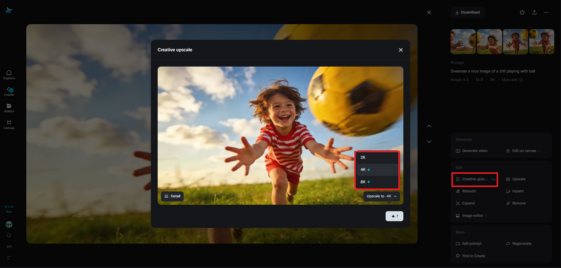 Creative upscale feature in Dreamina
