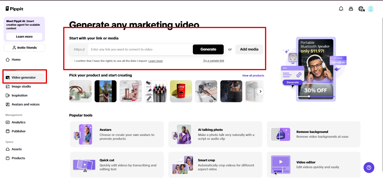 Mengakses penjana video dalam Pippit