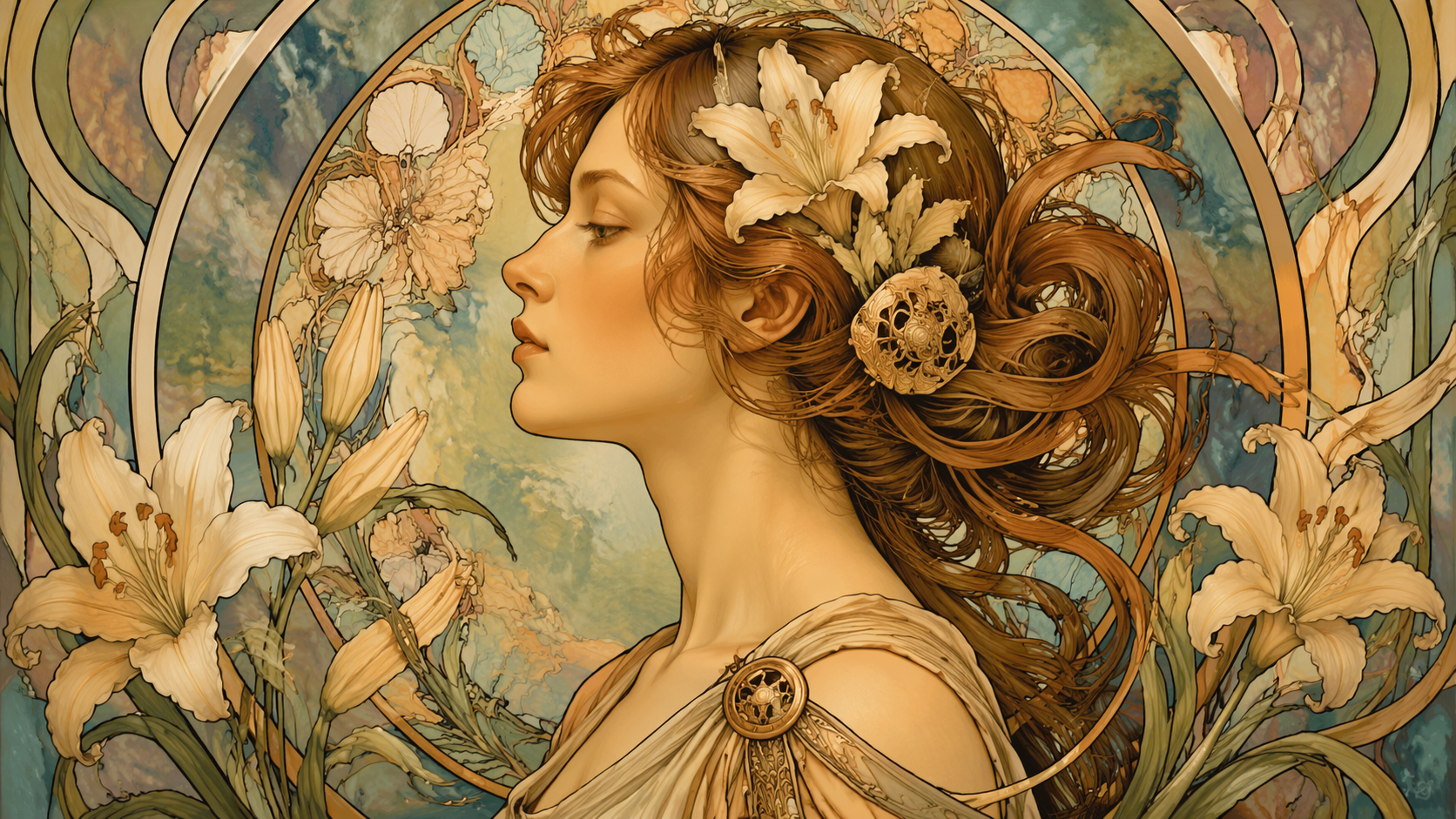 Dreamina art nouveau portrait prompt example 2: Golden Nouveau Frame