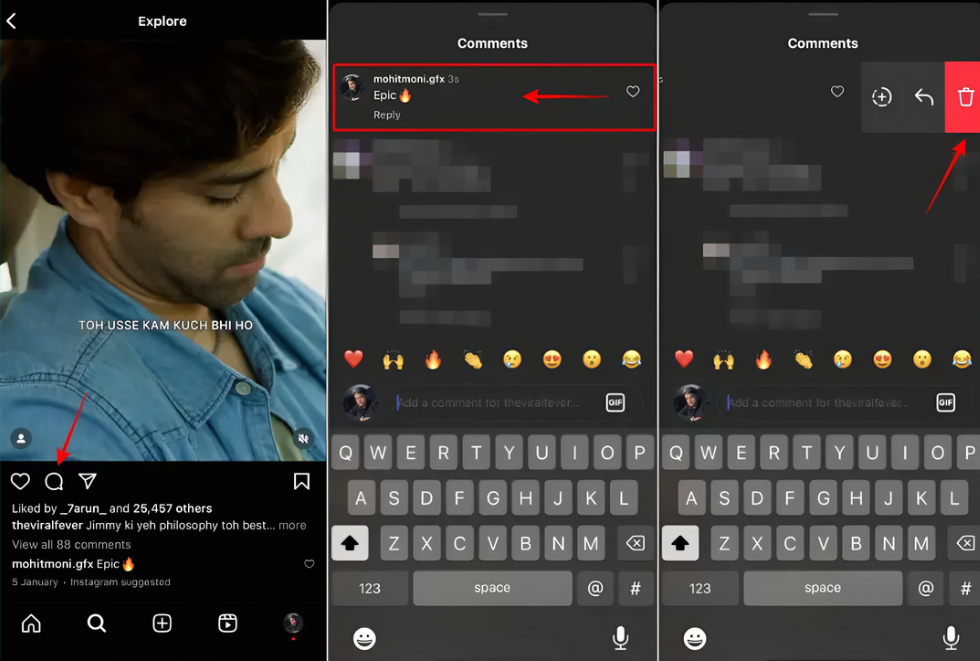 Eliminar un solo comentario de Instagram en el móvil