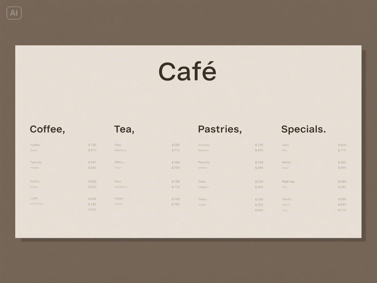 Modern minimalist cafe menu