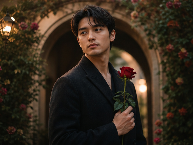 Gemini AI Photo Prompt Copy Paste Trending Boy Rose prompt example 3 - Garden arch romance