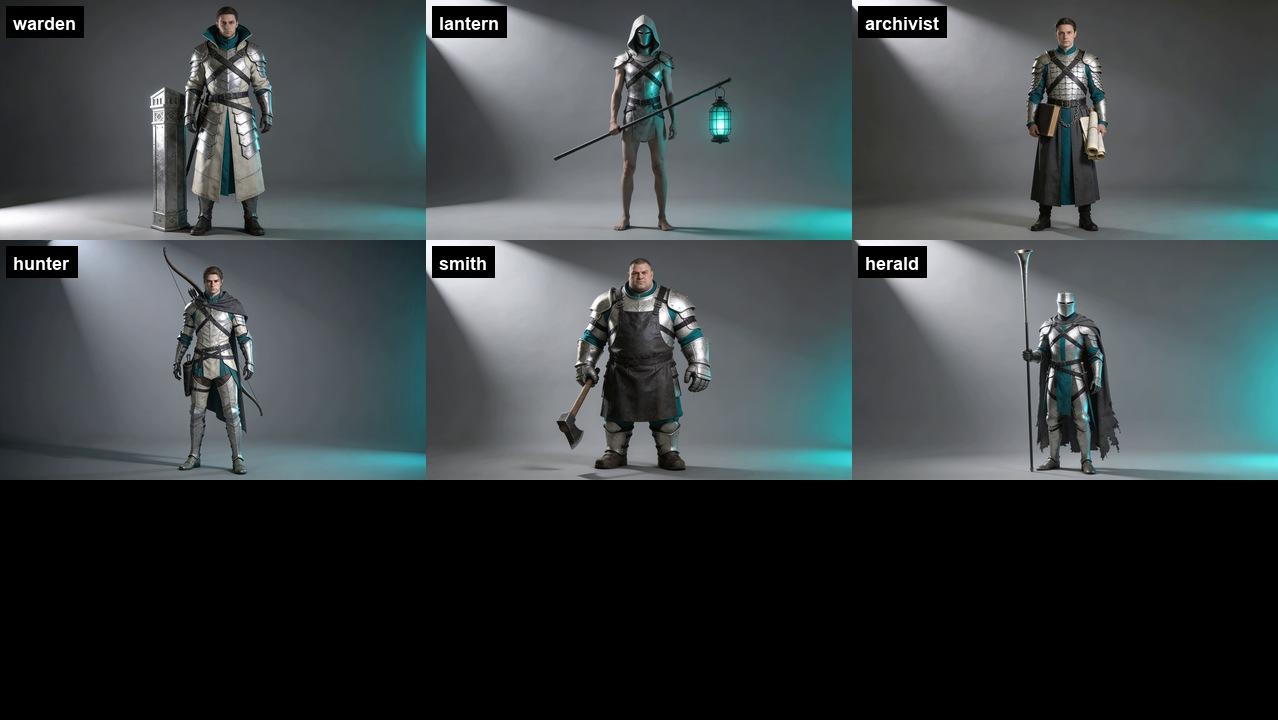 Six full-body fantasy characters on plain gray backgrounds in a two-by-three grid: a warden with a tall slab, a hooded lantern-bearer, an archivist with a book and charts, a hunter with a bow, a heavy smith with a hammer, and a caped herald with a horn, all in pale platinum armor with charcoal straps and teal accents.