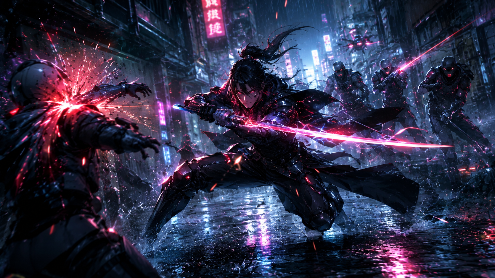 Cyberpunk AI anime đấu kiếm