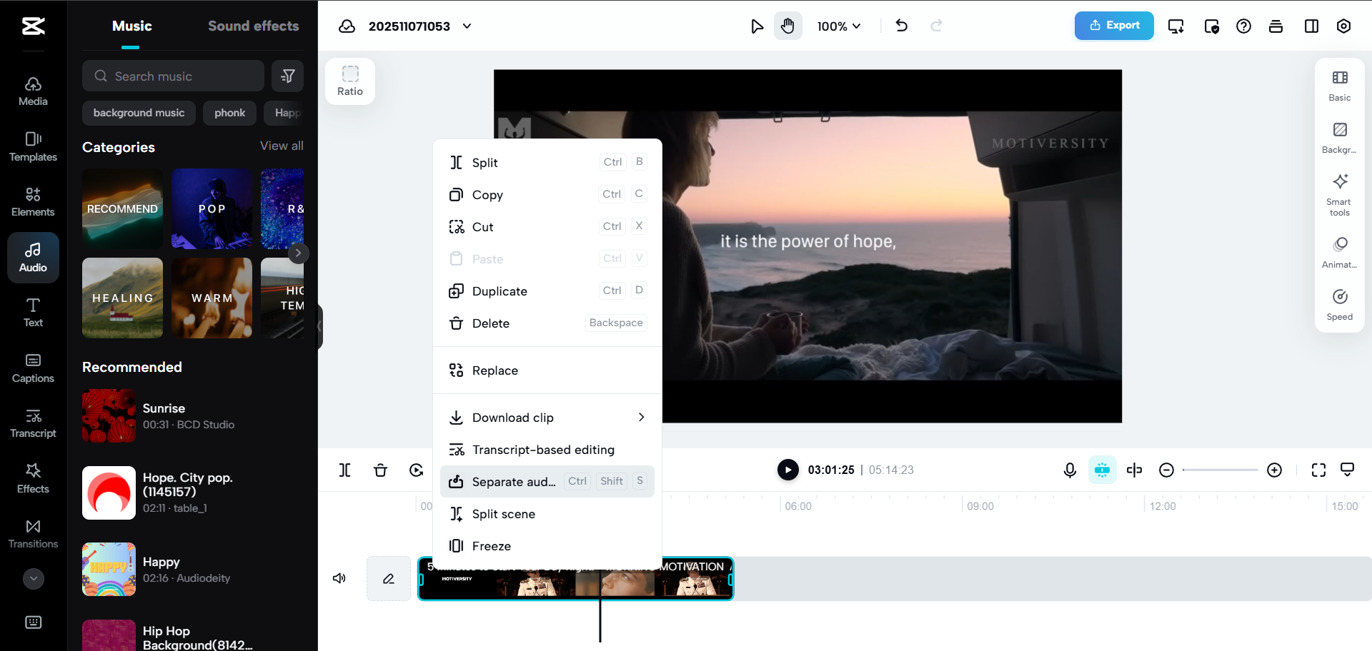 Interfaccia dell'isolatore vocale di CapCut