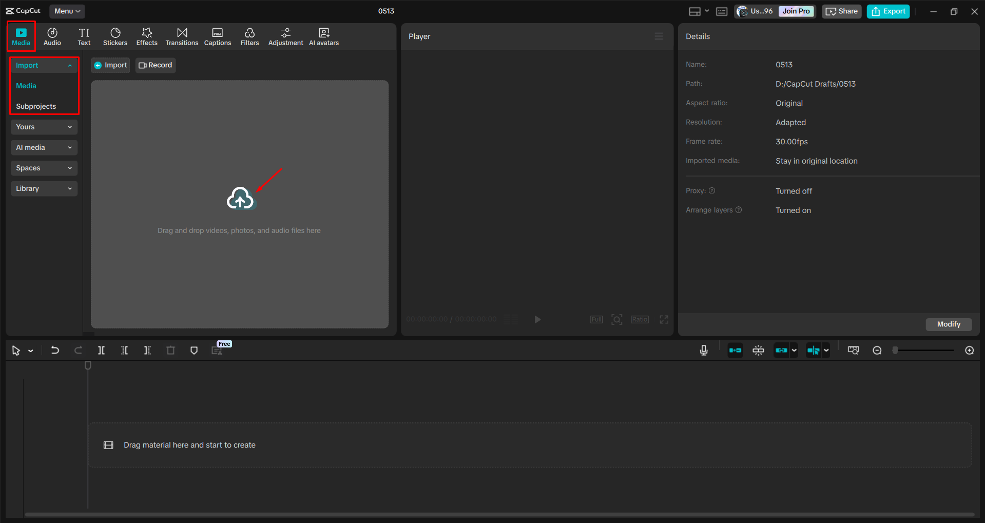 Importieren eines Videos in den CapCut Desktop-Video-Editor