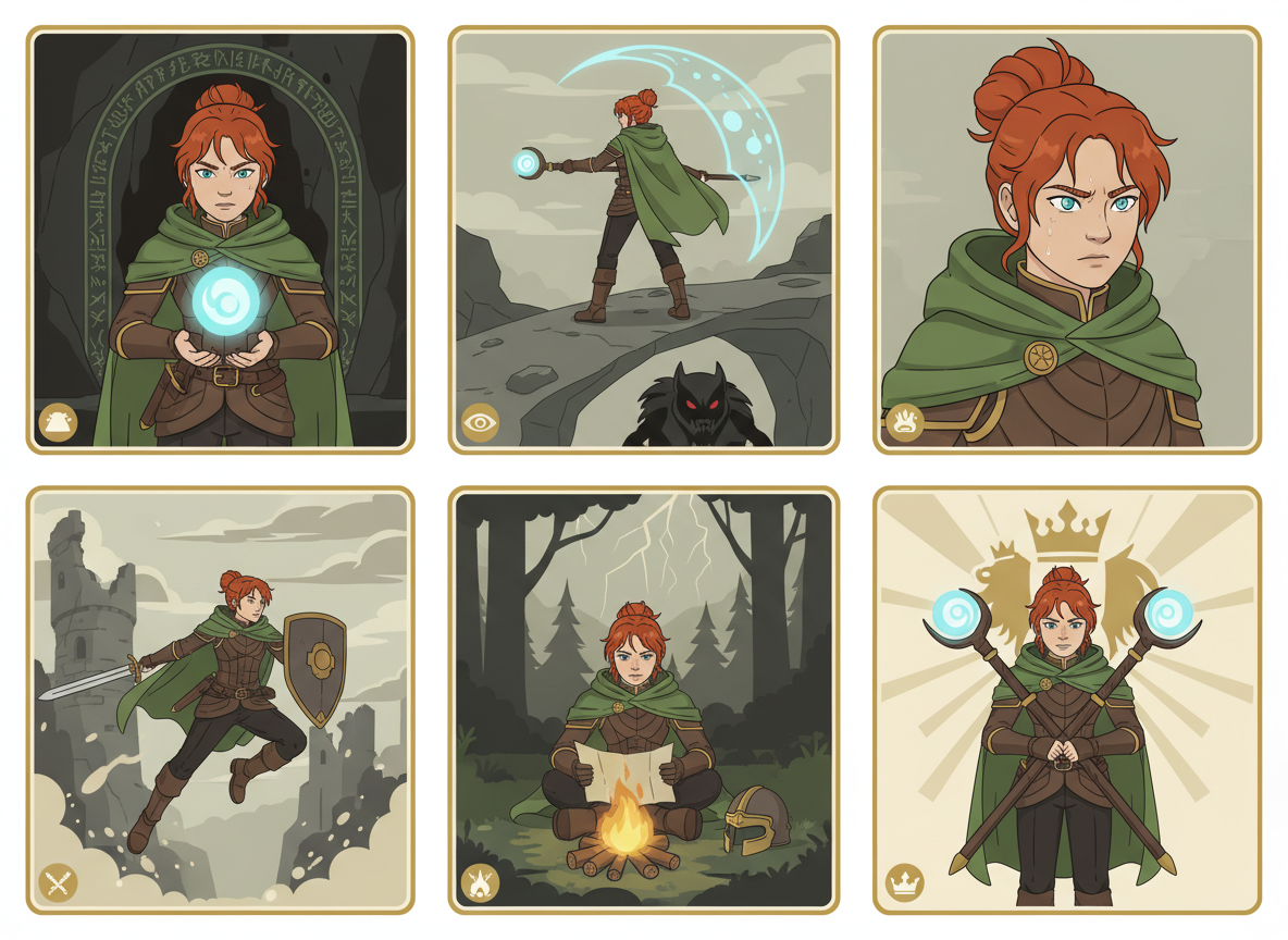 Storyboard consistency concept: repeated character across connected frames showing stable look and framing.