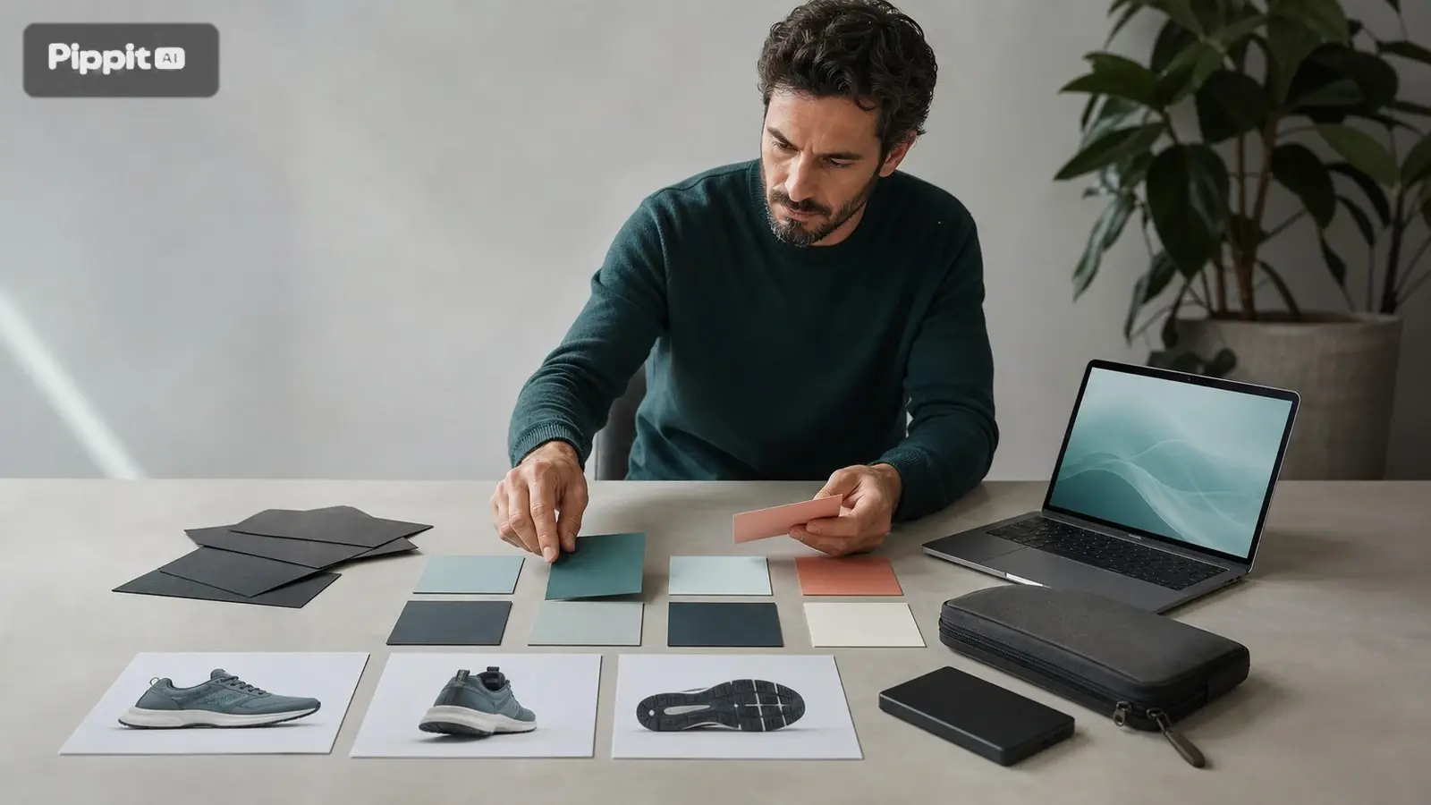Man väljer färgprover och designs för sneakers bredvid en laptop på ett skrivbord