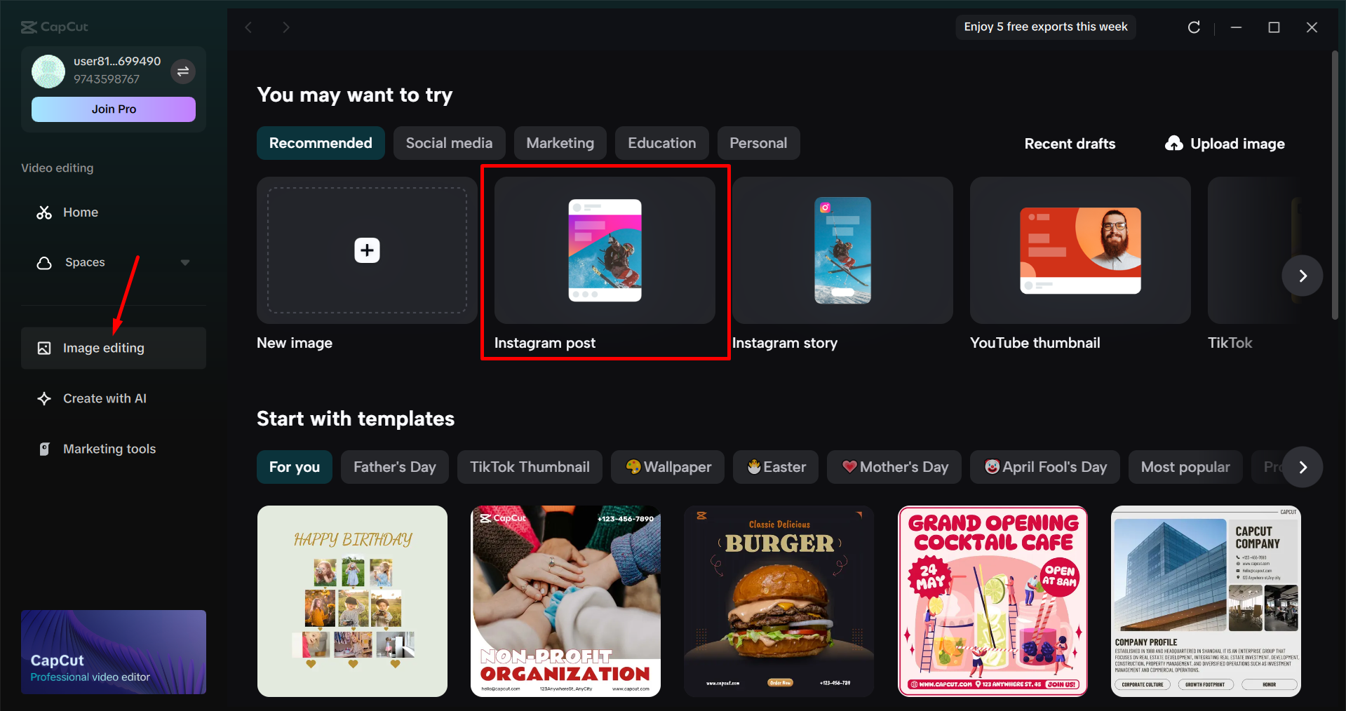 Memilih siaran Instagram dalam editor video desktop CapCut