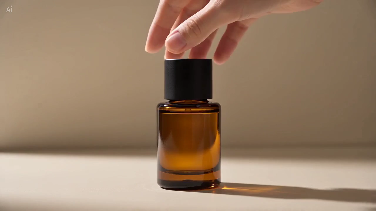 Opening review frame of an amber bottle on a cream surface with a hand approaching the cap