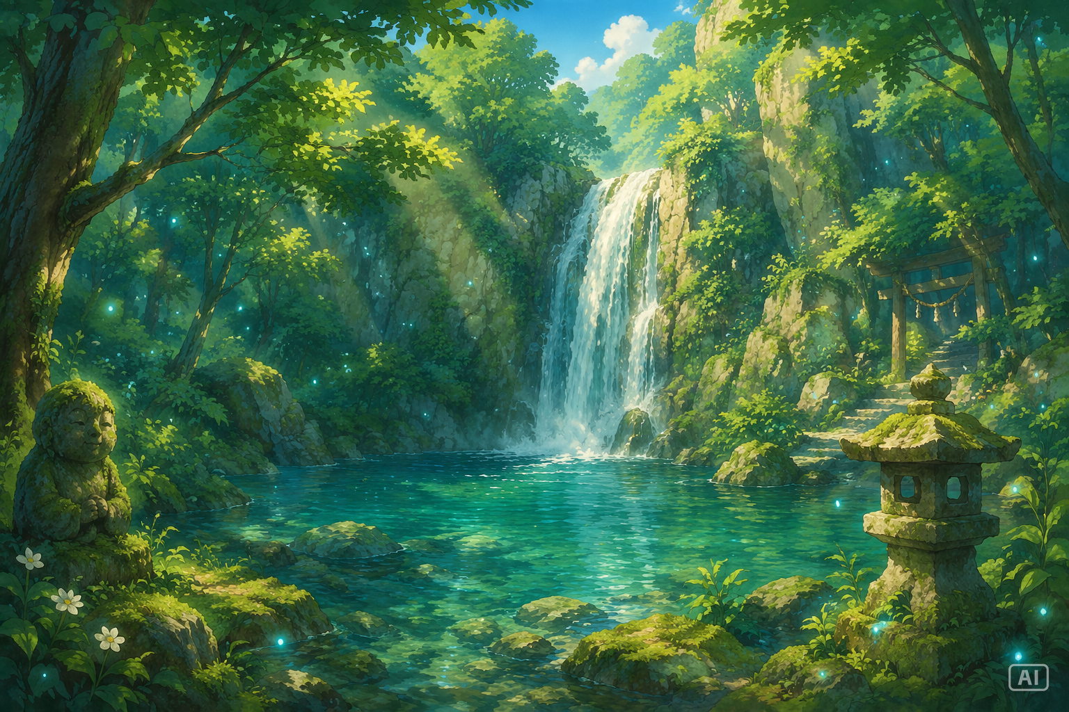 watercolor pastoral anime style magical forest waterfall wallpaper generated by Pippit