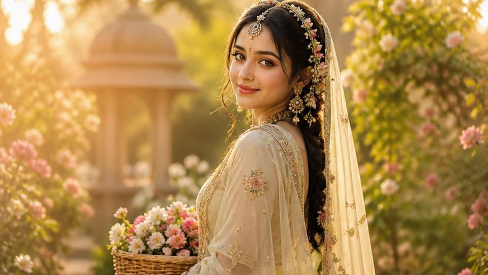 Prompt viral para Radha Rani Look oferece um visual tradicional gracioso em um cenário de templo pastel