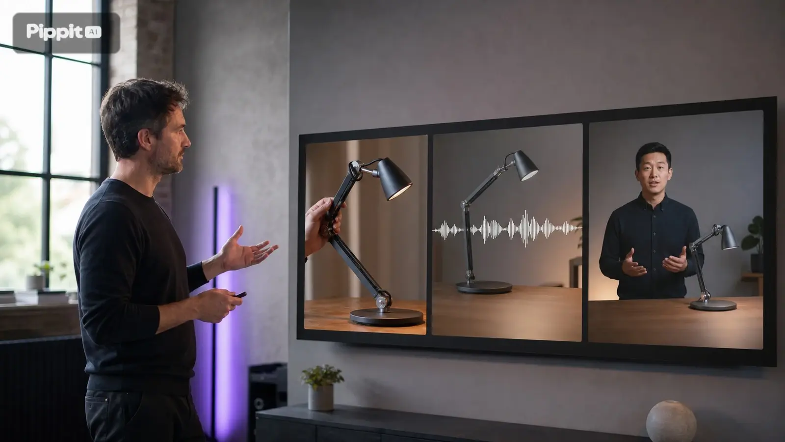 Man presenterar tre alternativ för annonsverktyg på en stor skärm: produktdemo, voice-over och avatar.
