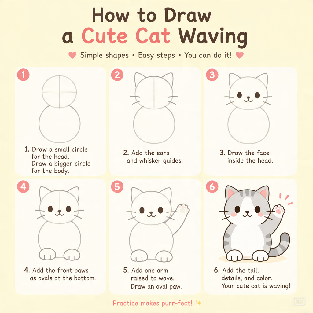 Waving cat drawing guide generated by Pippit