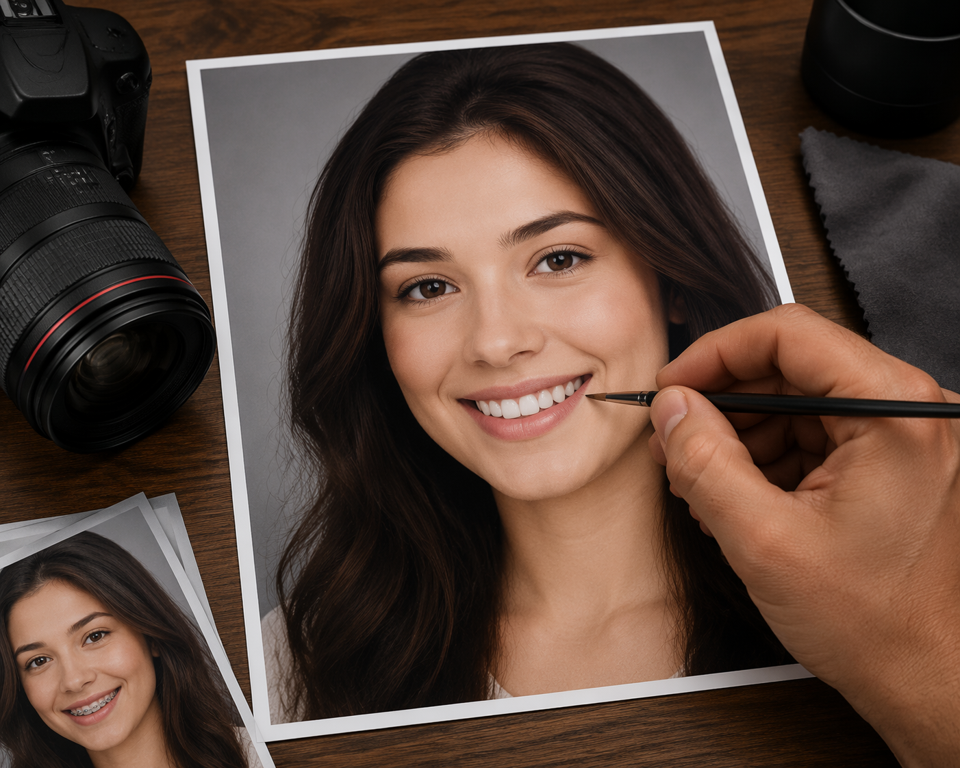 Dreamina remove braces from photo prompt example 6: Closeup Teeth Retouch