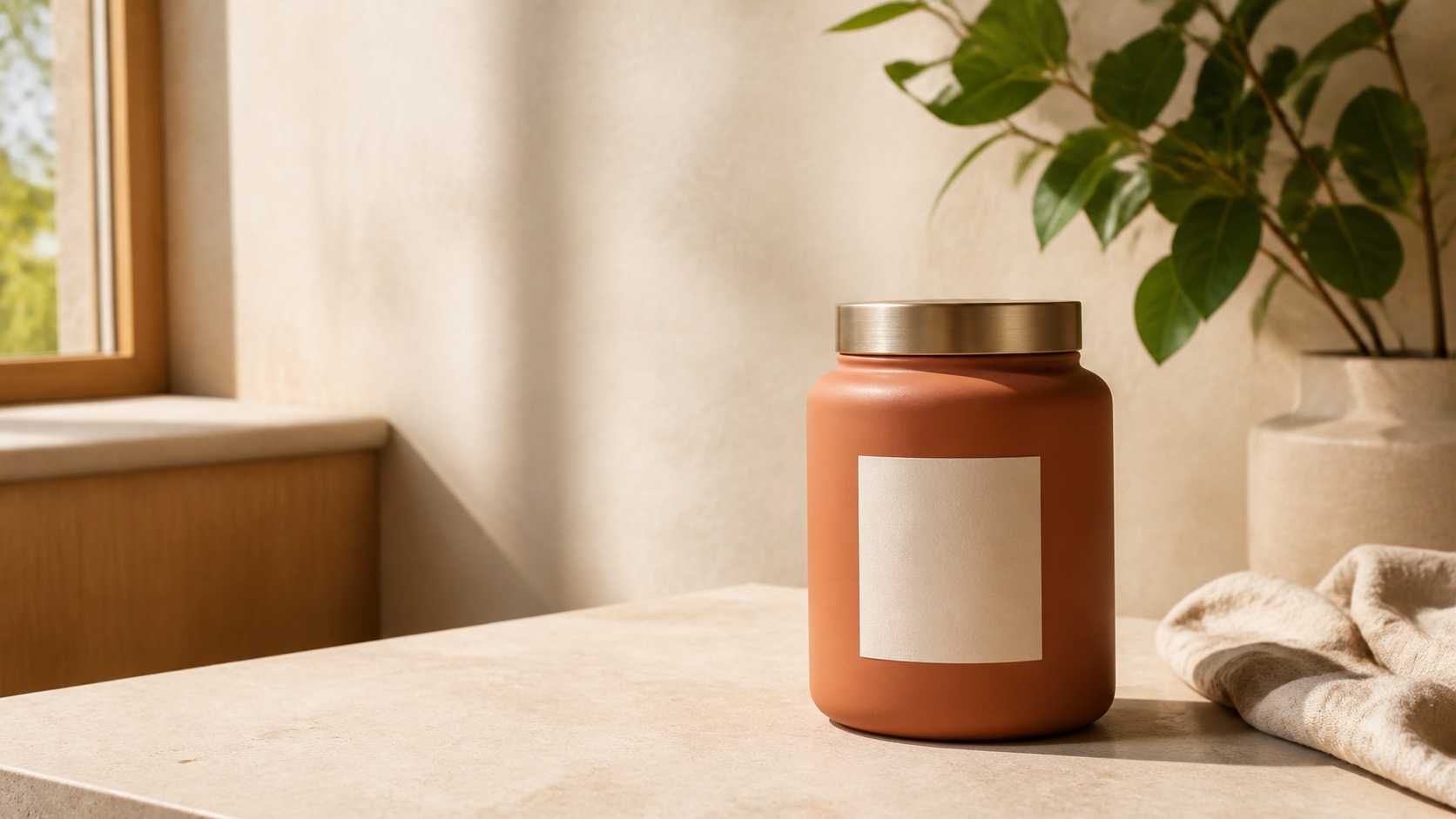 Orange jar with a blank label on a sunlit tabletop beside a plant and window