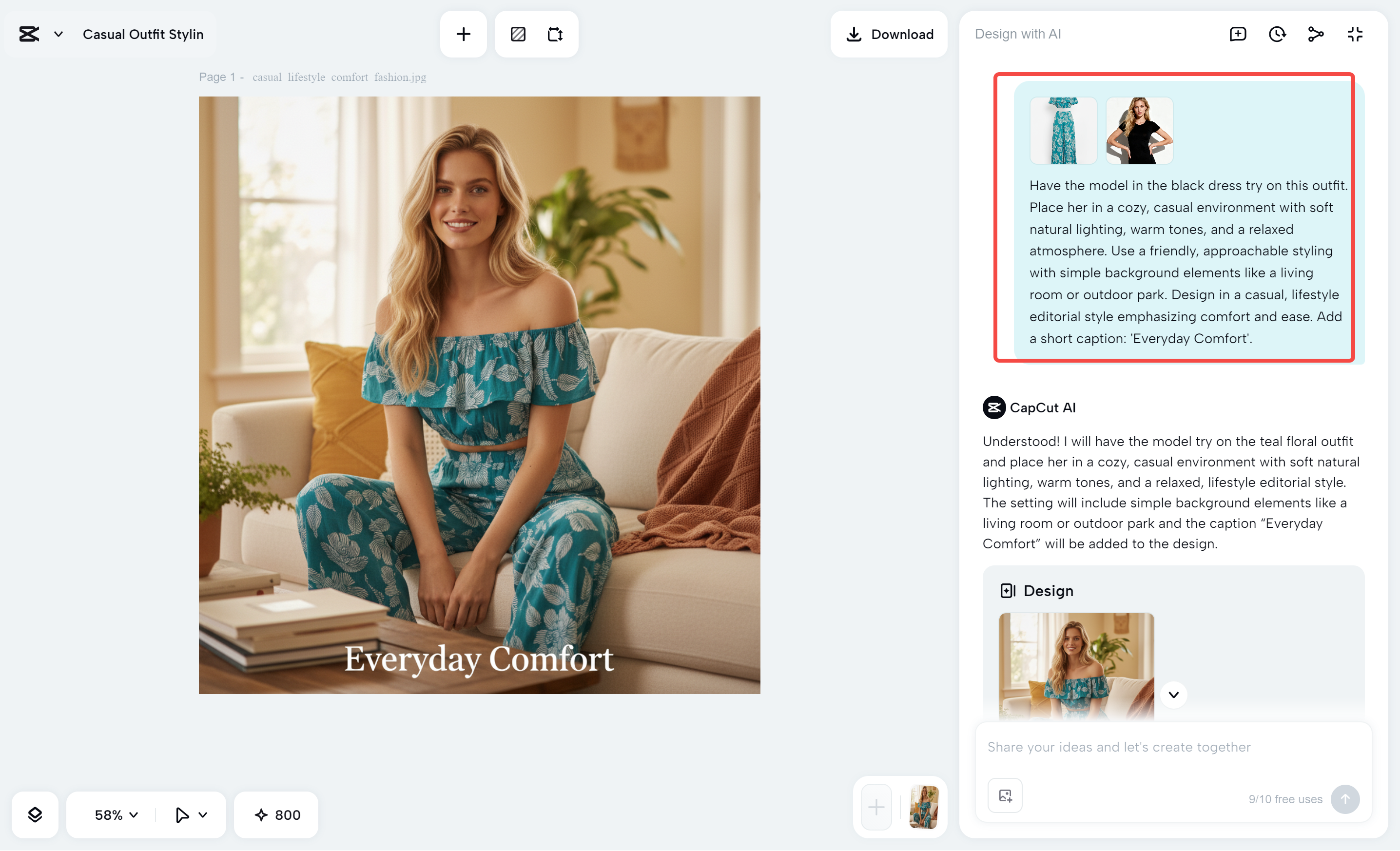 CapCut AI design panel pairing a written text prompt with its generated fashion layout