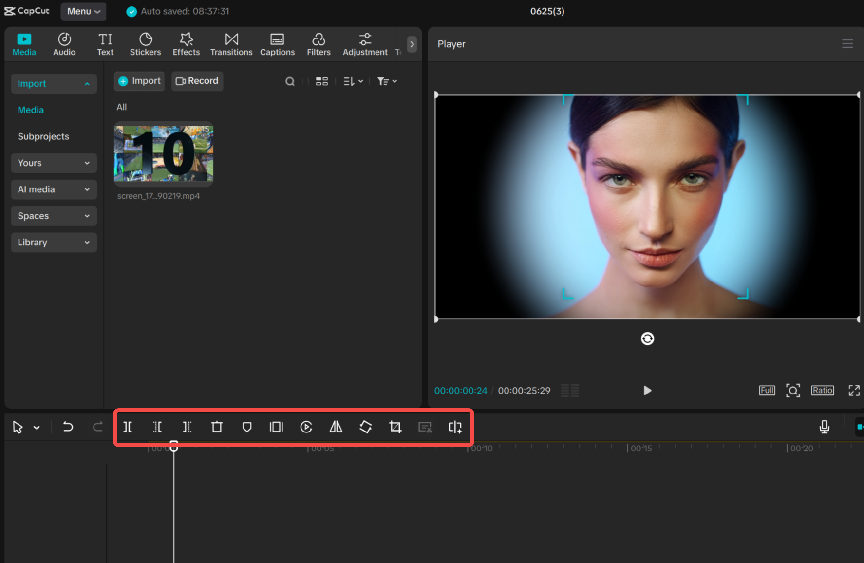 CapCut desktop editor with a portrait preview, editing tools, and an empty timeline below