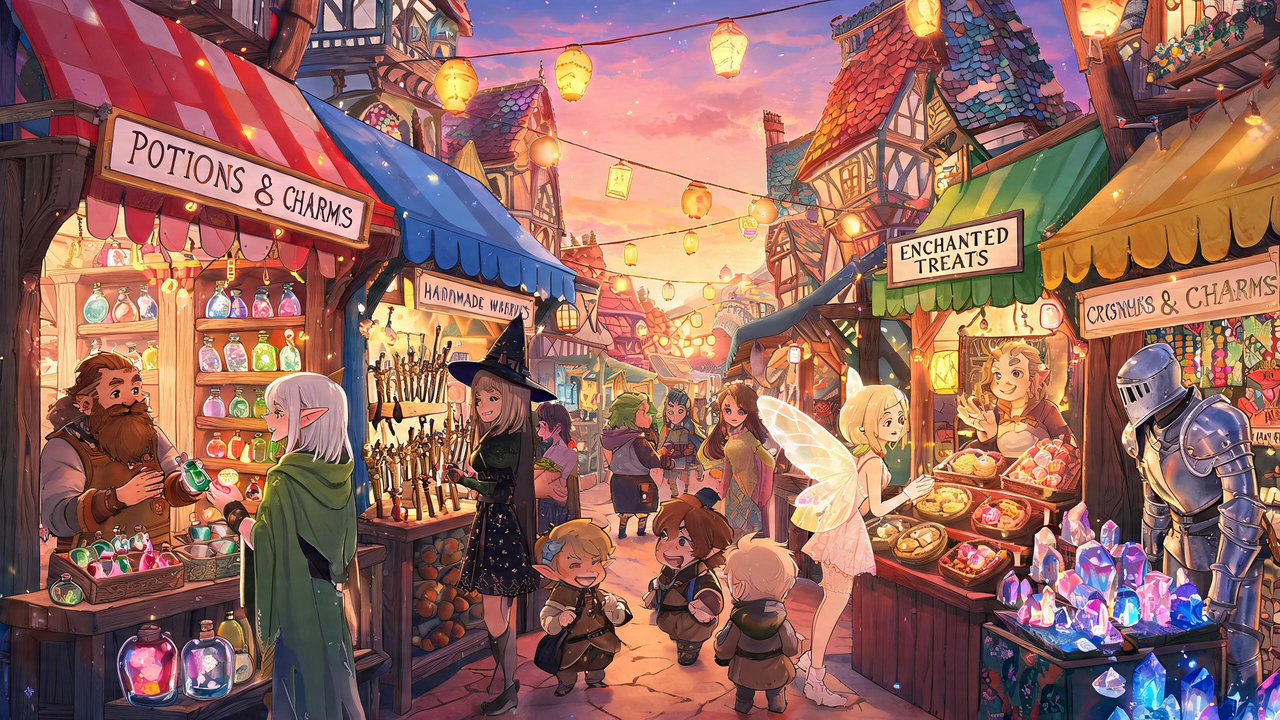 Marché enchanté rempli de personnages fantastiques
