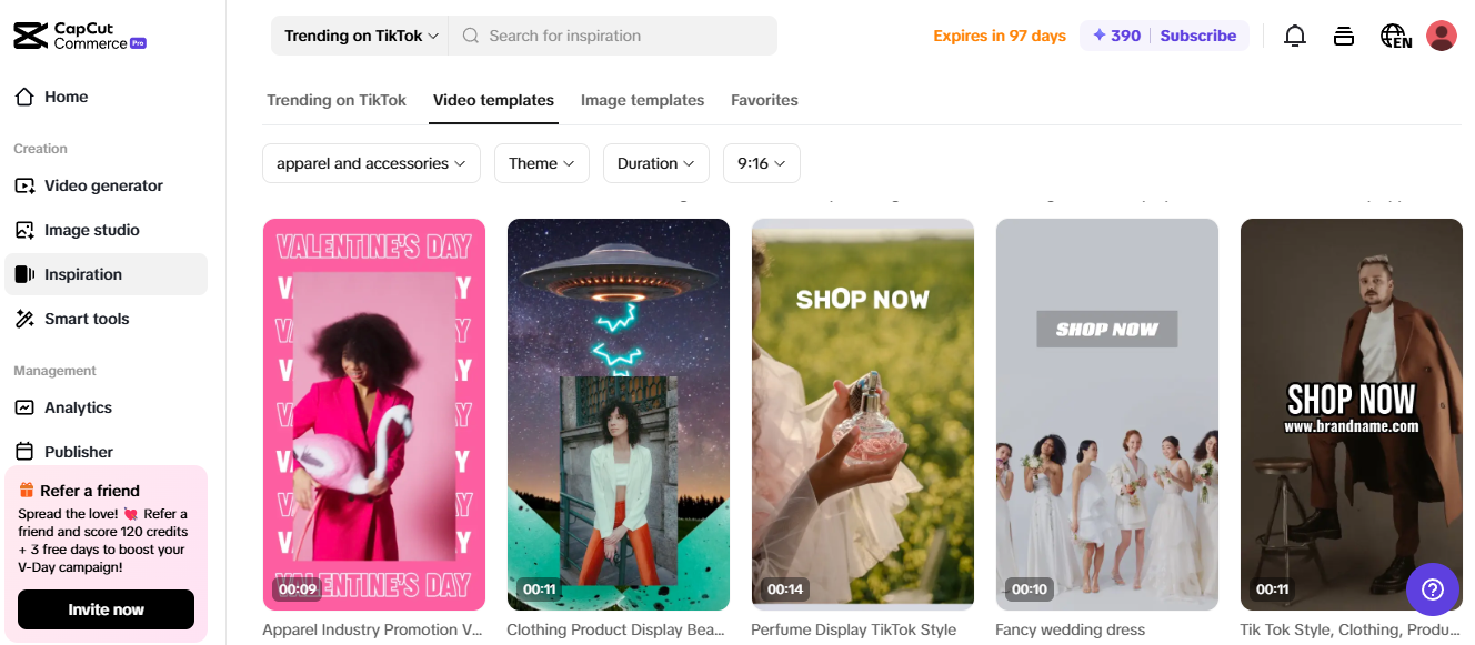 Pippit video templates for social media ads, featuring fashion, perfume, and wedding promotions.