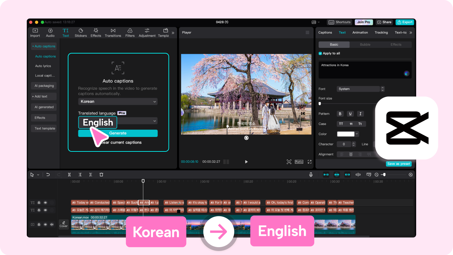 Terjemahkan suara Korea ke bahasa Inggris