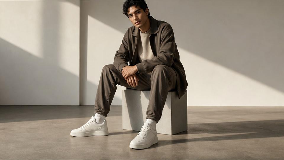 AI Shoe Model Generator — a fashion model wearing the shoes in an urban setting