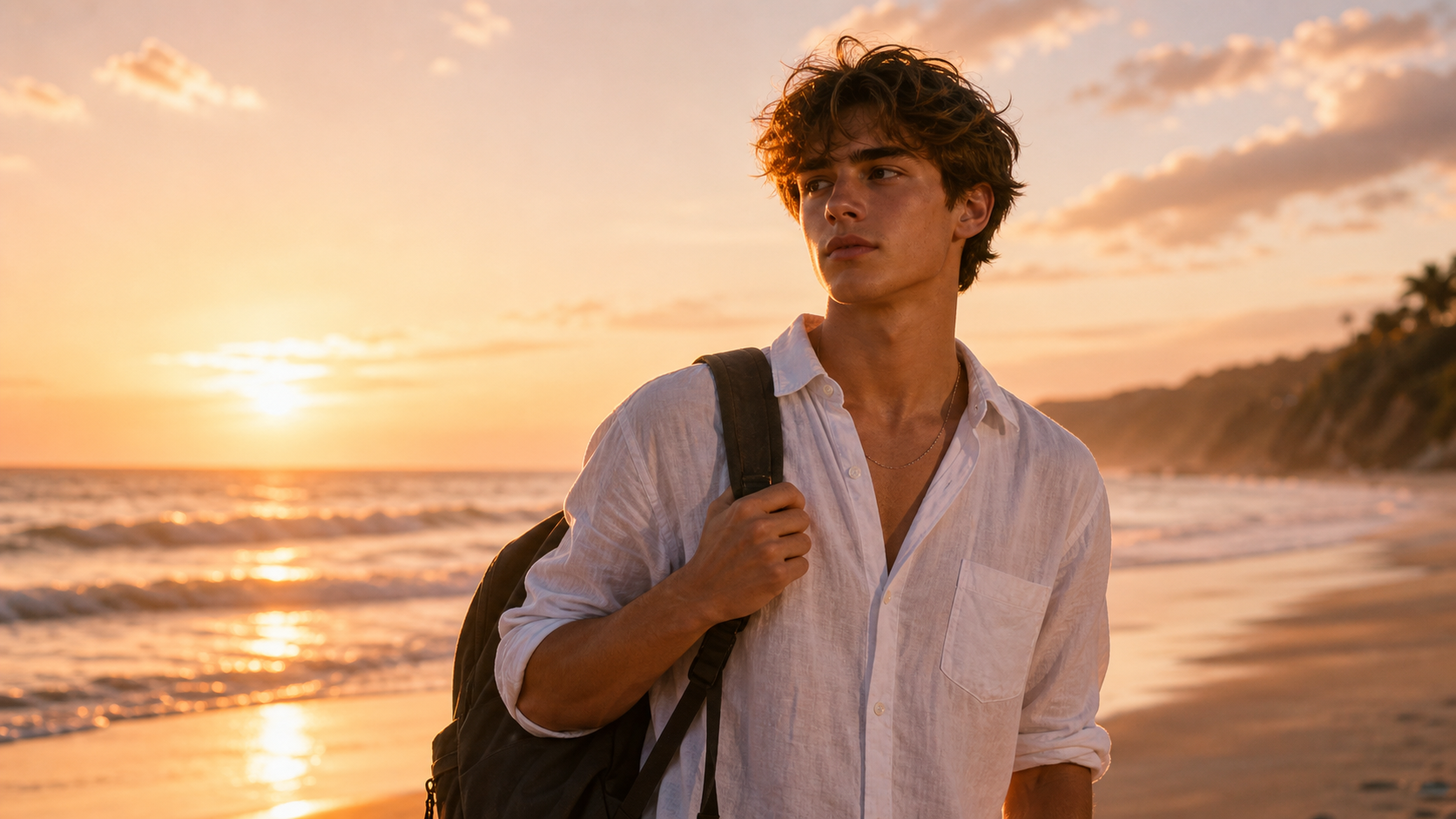 Clean cinematic Beach College Prompt portrait at sunset