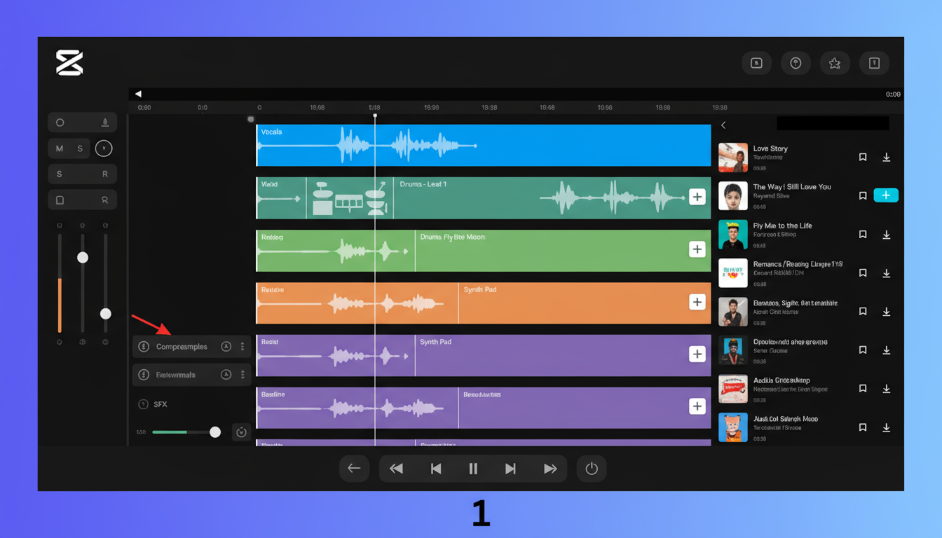 Una rappresentazione astratta di un editor audio multi-traccia, che mostra varie onde sonore e strumenti di editing in un'interfaccia pulita.