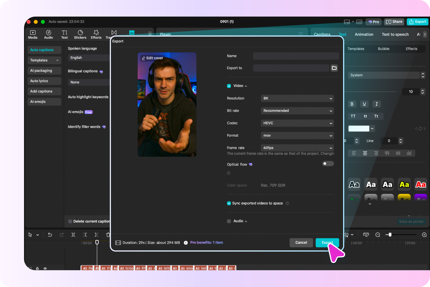 Exportando o vídeo final do gerador de avatar do IA CapCut