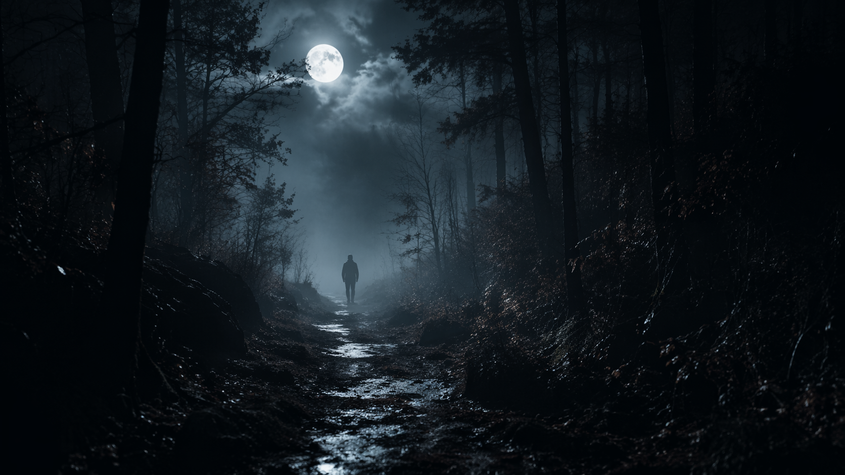 Dreamina Prompt Visto Horror Girl Boy, ejemplo rápido 2: Figuras del bosque iluminado por la luna