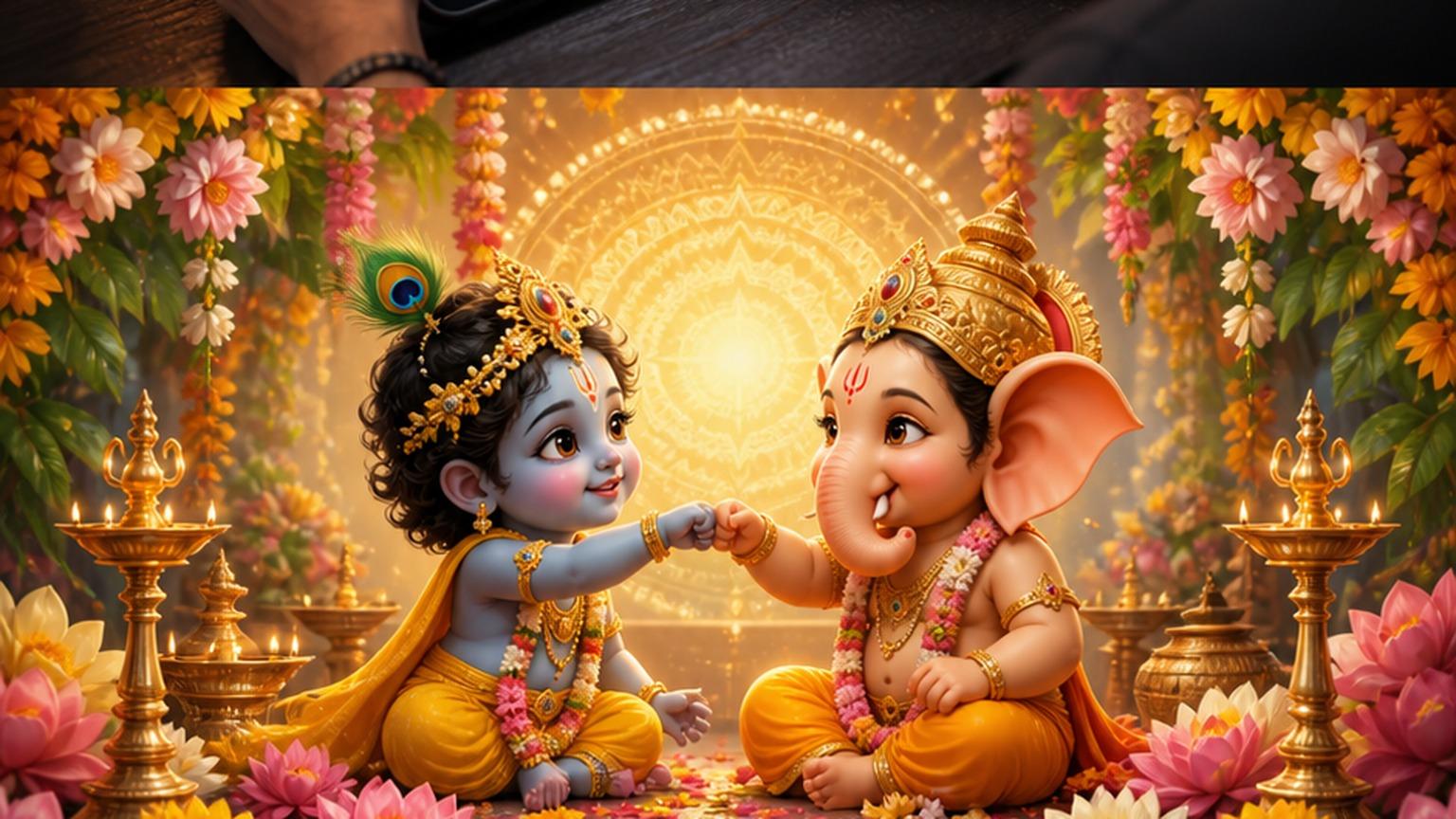 Natural studio portrait of a fictional adult Ganesh Ji and Laddu Gopal Fist Bump Photo Prompt