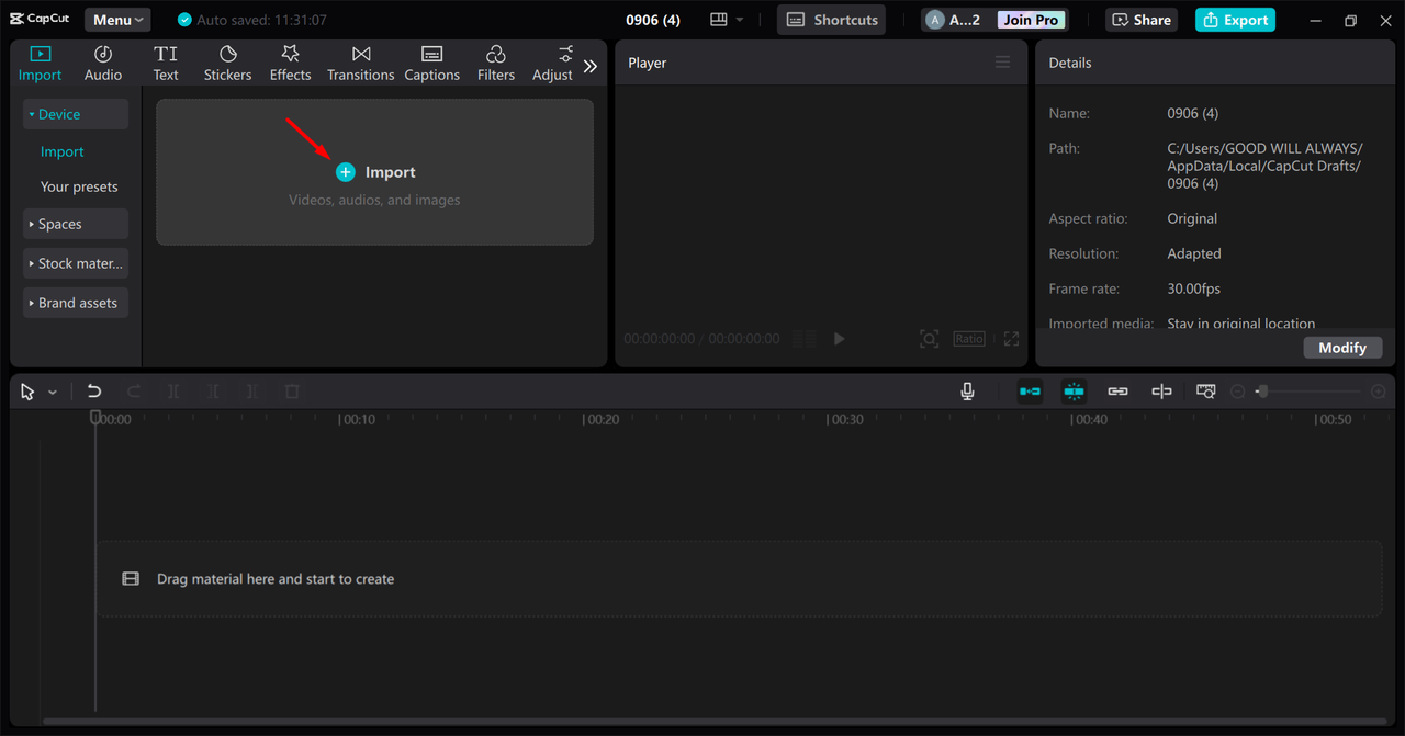Importieren von Medien in den CapCut Desktop Video Editor