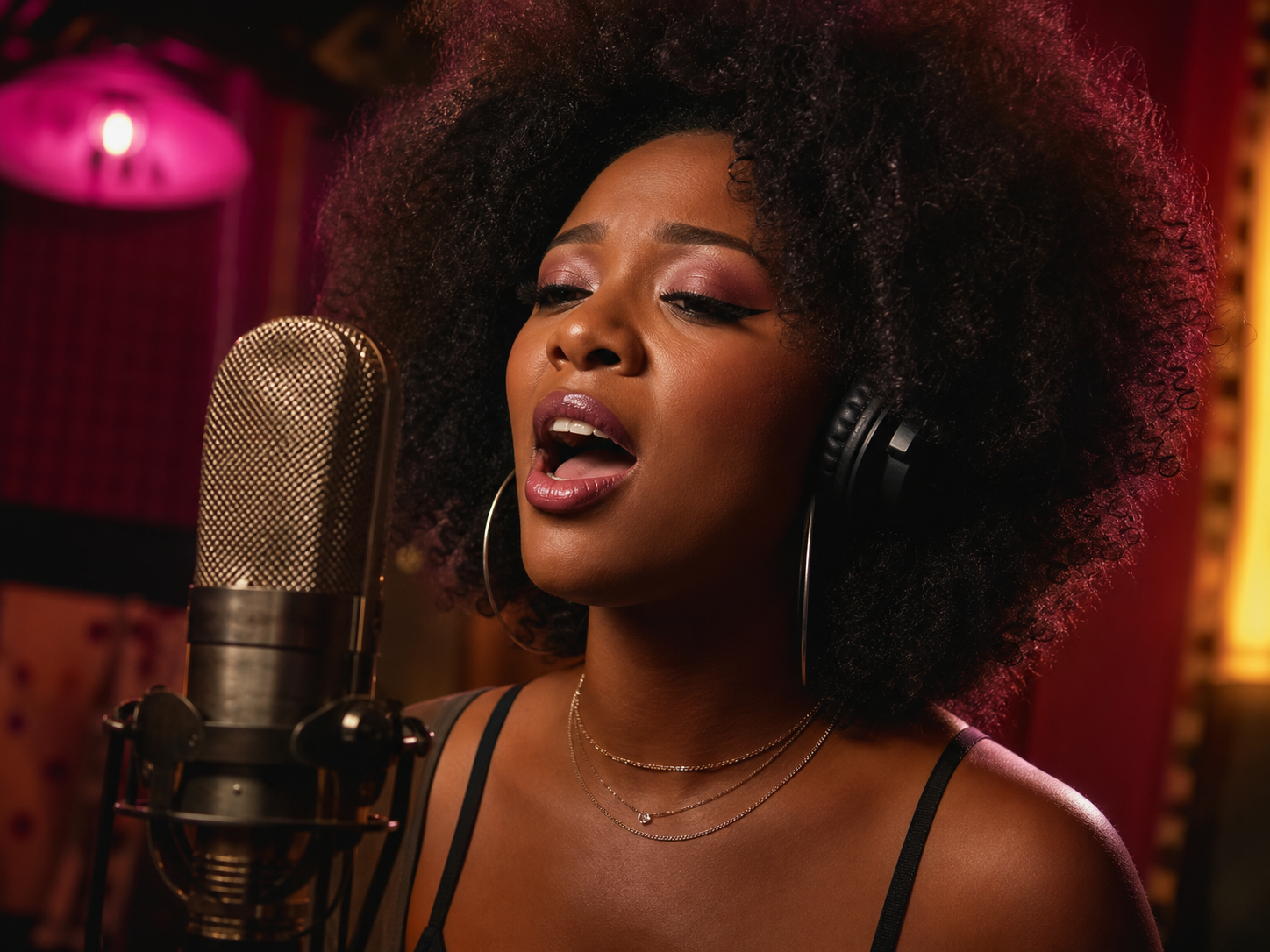 Erwachsene Sängerin tritt für ein AI-Lippensynchronisations-Musikvideo auf