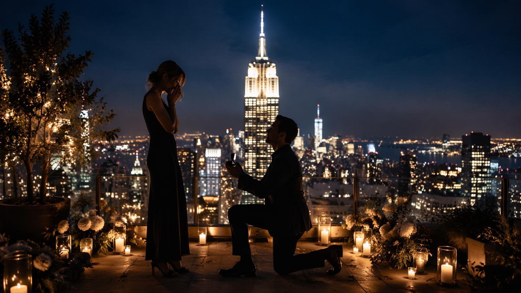 Dreamina proposal on empire state building prompt prompt card 2: Night rooftop engagement