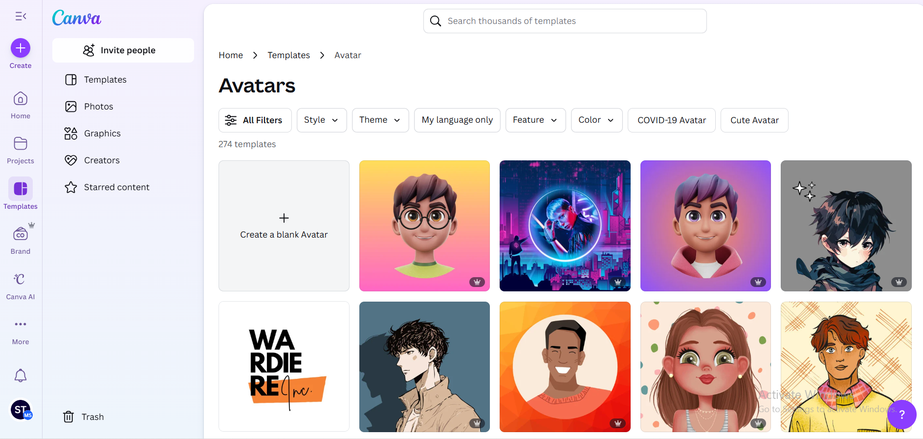 Canva avatar maker interface with customizable avatar templates
