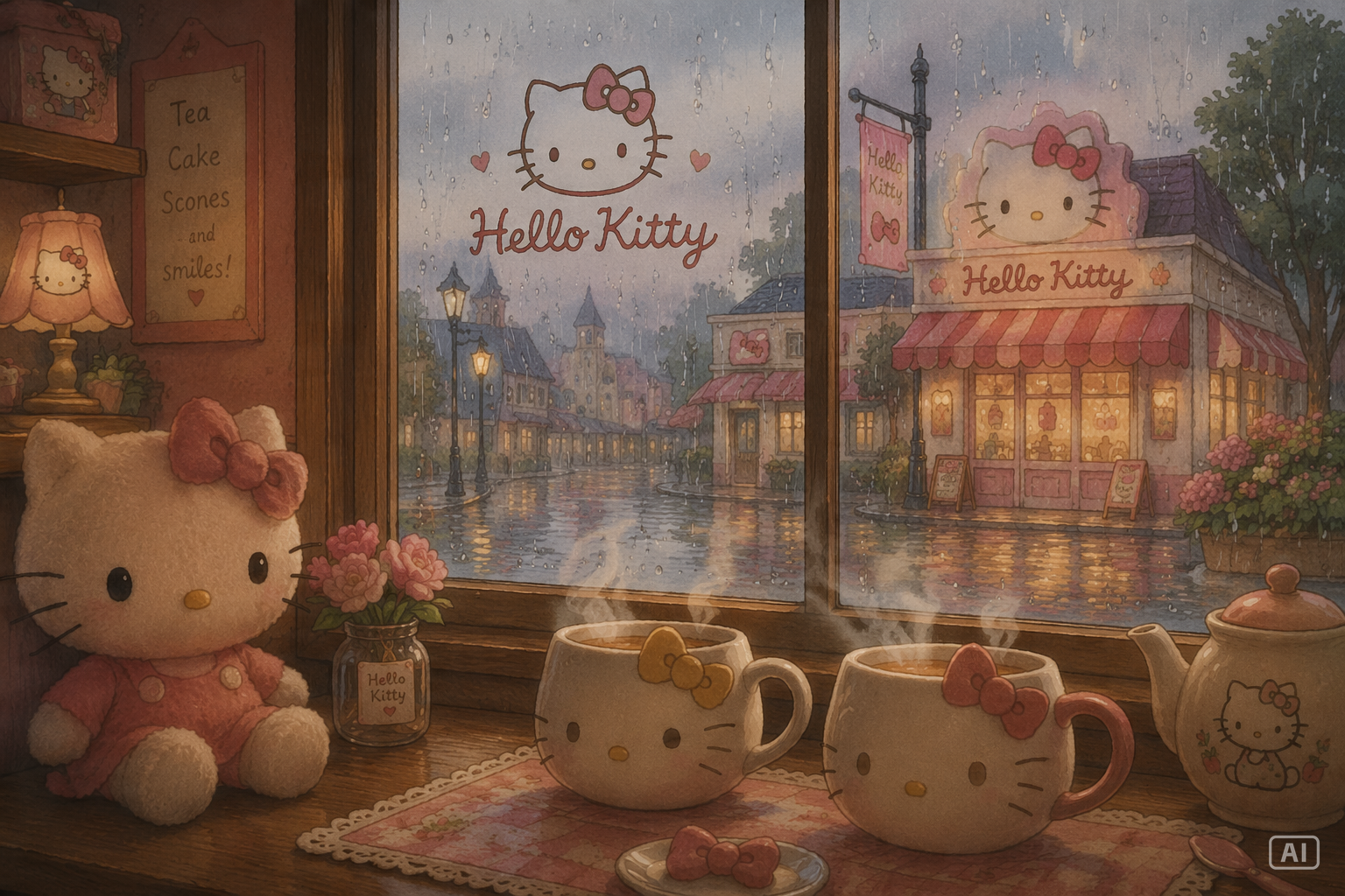 Rainy Hello Kitty cafe wallpaper generated by Pippit