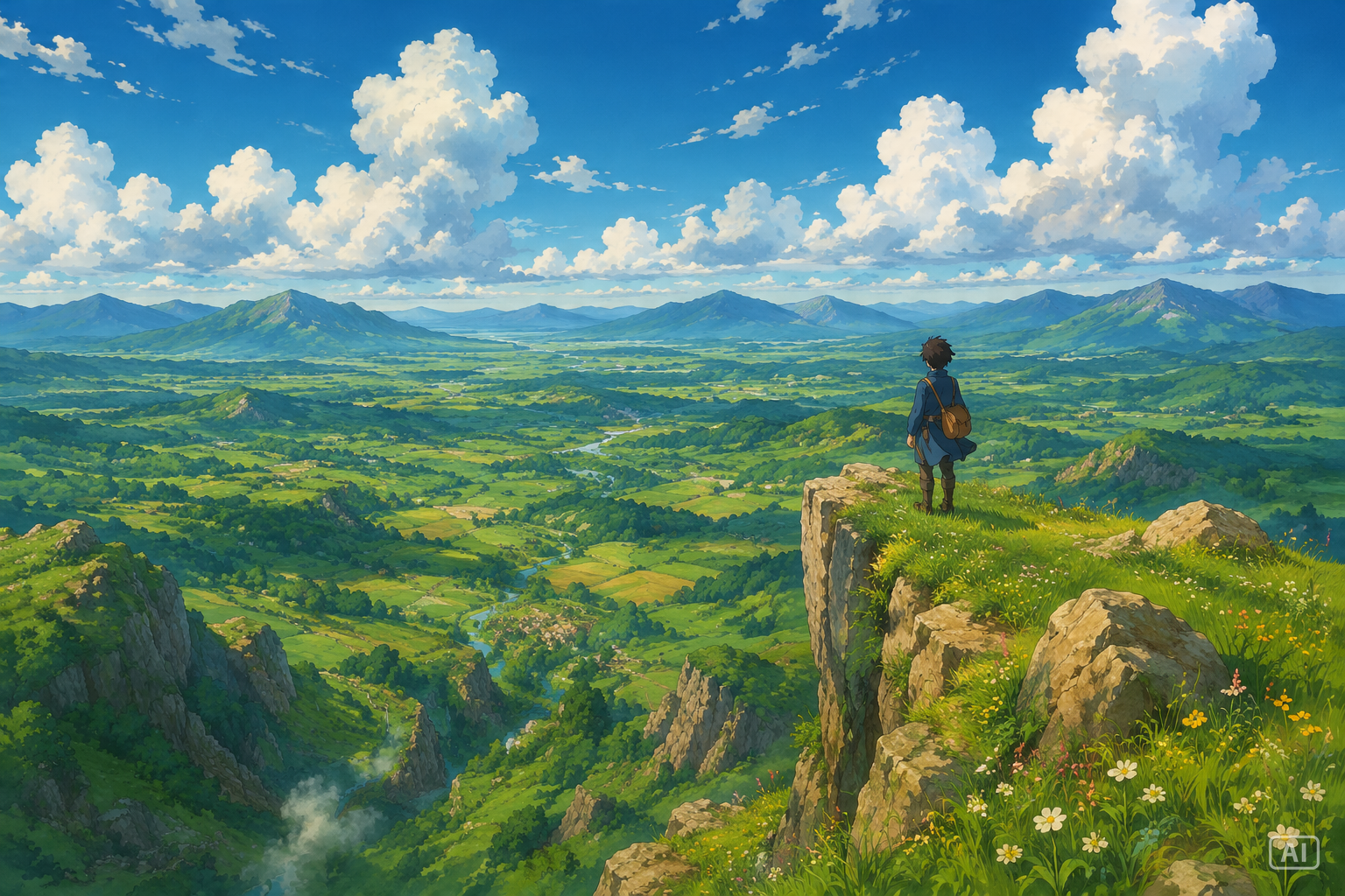 watercolor pastoral anime style widescreen valley wallpaper generated by Pippit