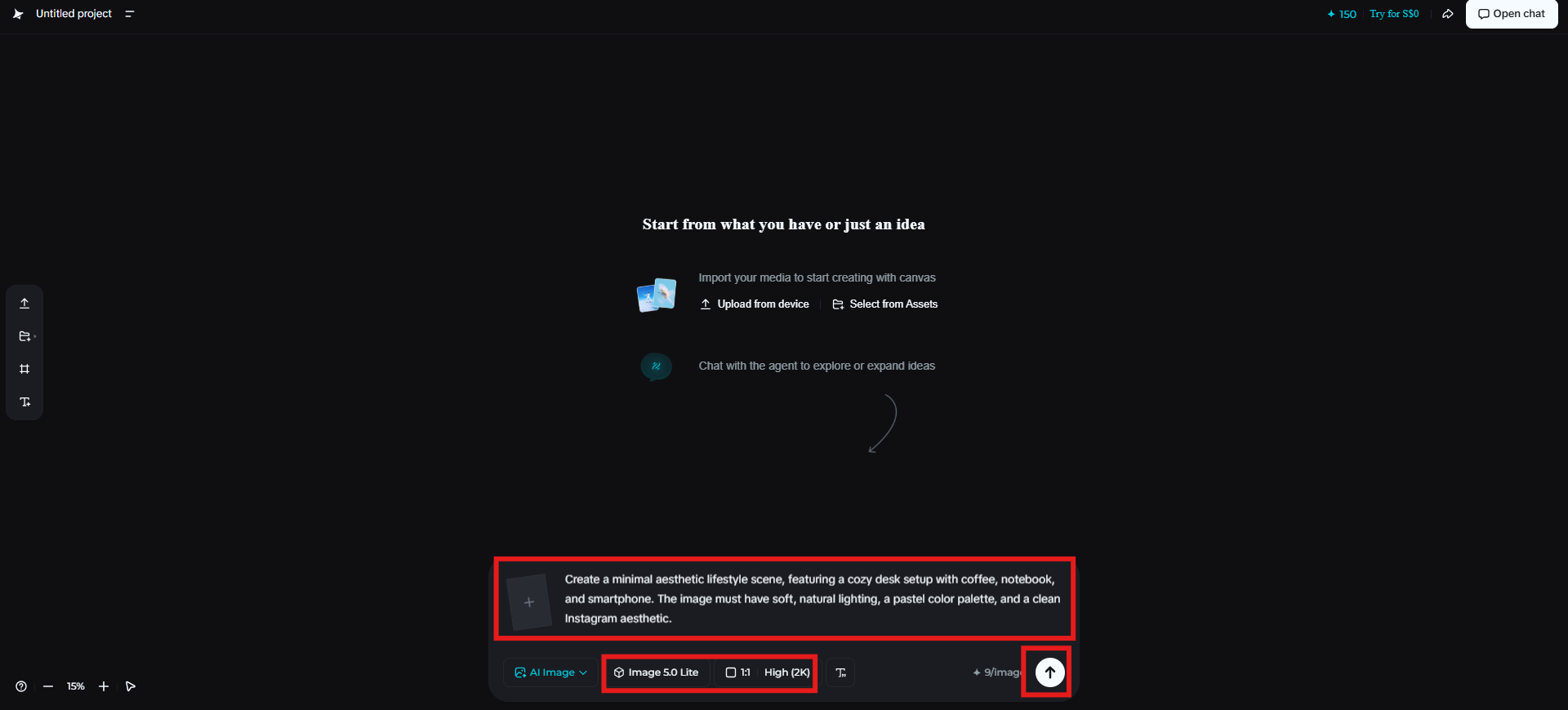 Write a prompt and choose settings from the bottom panel