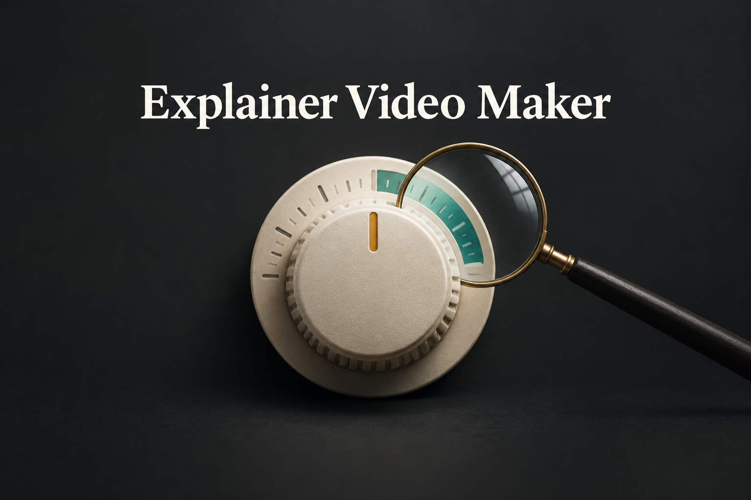 An ivory dial with a teal range and a magnifying glass under the title Explainer Video Maker